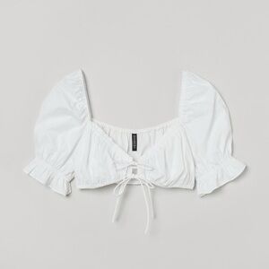 H&M Divided Crop Top Tie Front Puff Sleeve WHITE